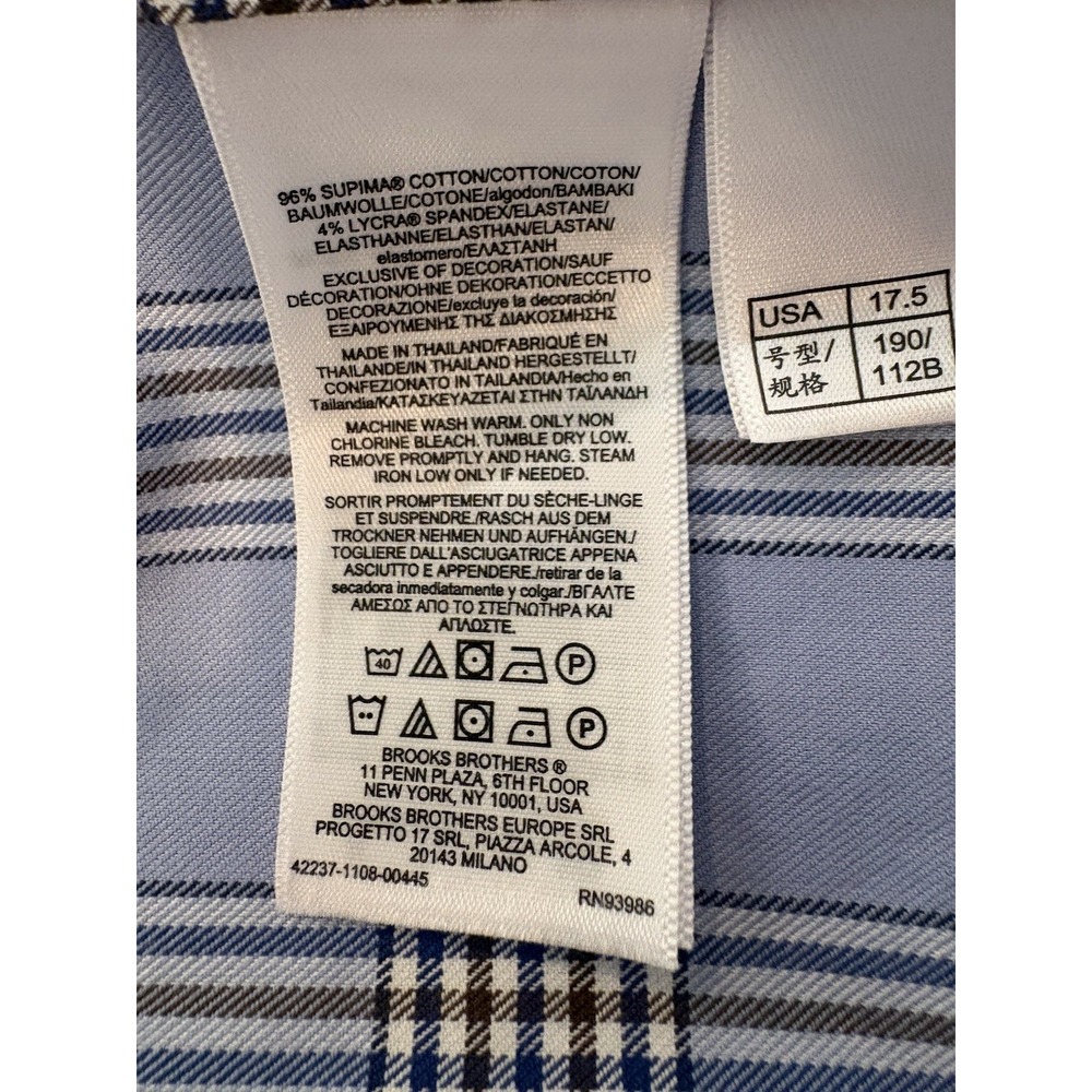 Brooks Brothers Dress Shirt Mens 17.5 34 Blue/Brown Plaid NonIron Stretch Supina - Picture 8 of 9